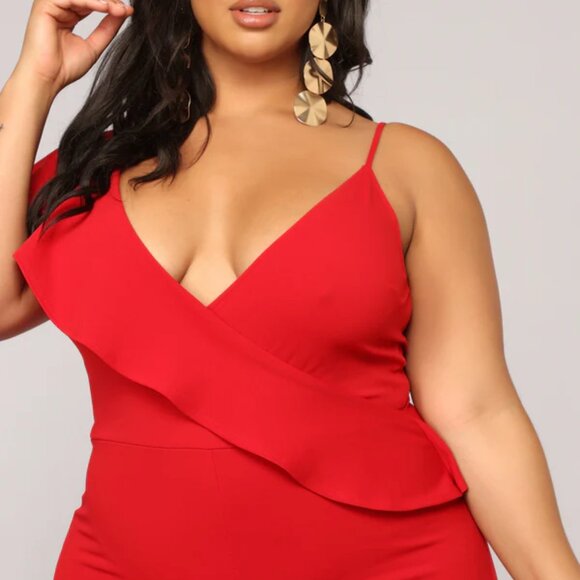 NOVALUXE Ruffle Detail Spaghetti Strap & Tank Shoulder Red Jumpsuit Wide Leg 1X - Picture 3 of 6